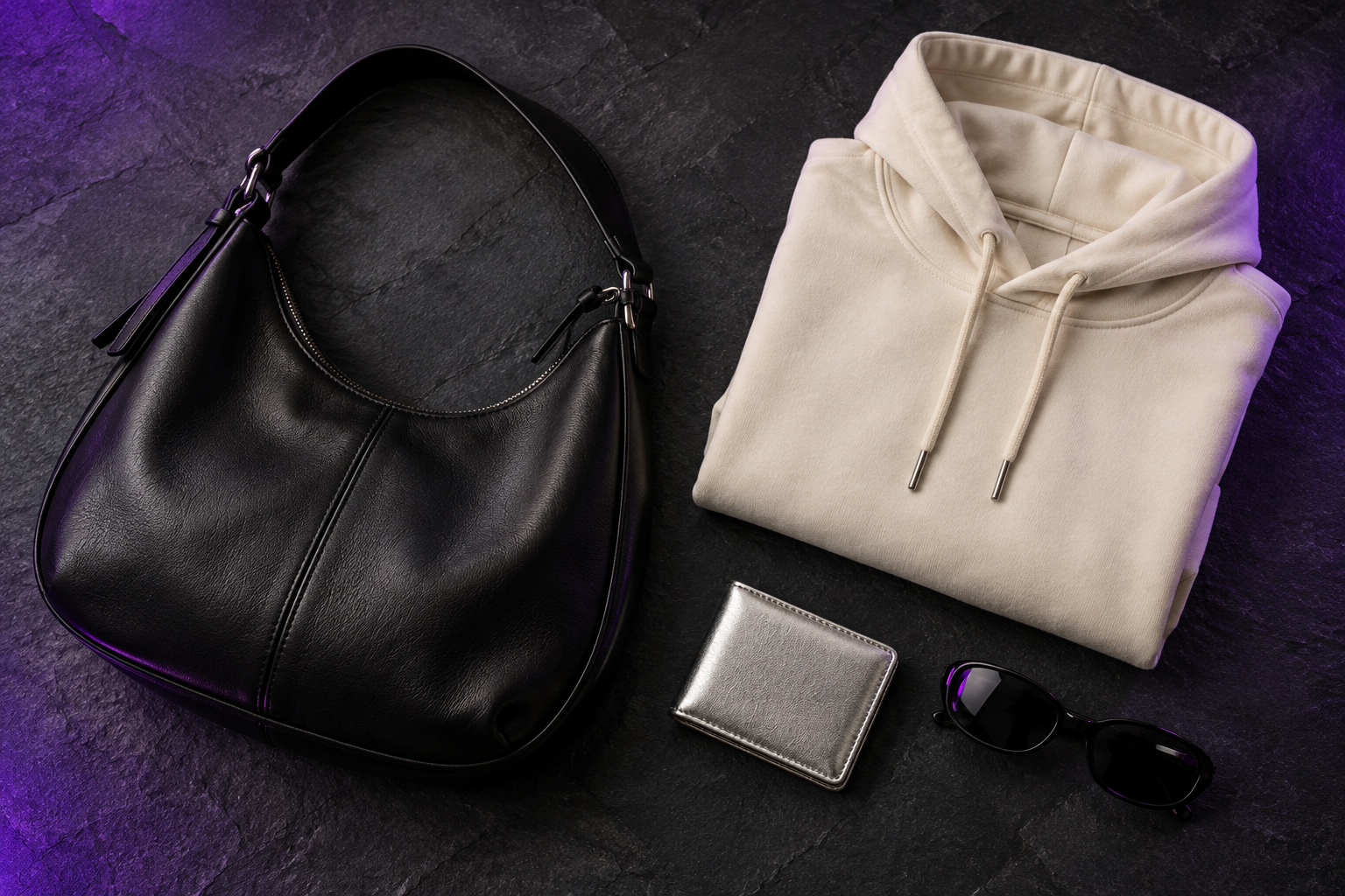 A shoulder bag, cream hoodie, silver wallet and sunglasses on charcoal slate